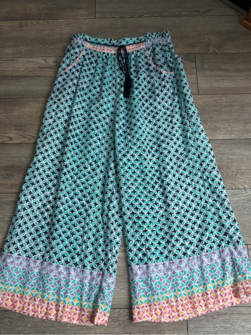 Anthropologie Wide Leg Boho Drawstring Cotton Pants Turquoise White Sz Large